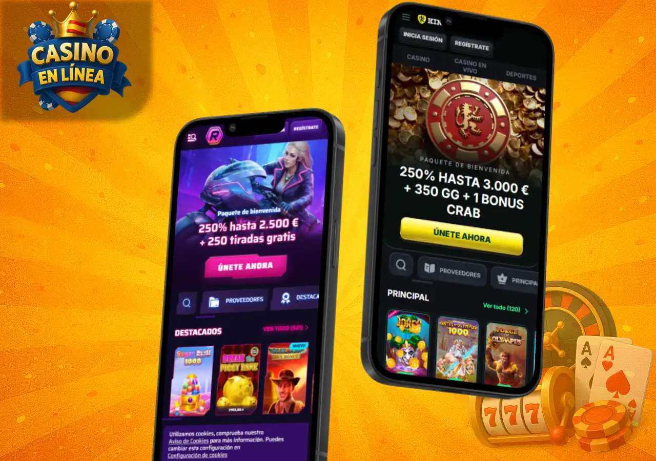 Comparativa de apps móviles de casino con dos teléfonos mostrando promociones y juegos destacados