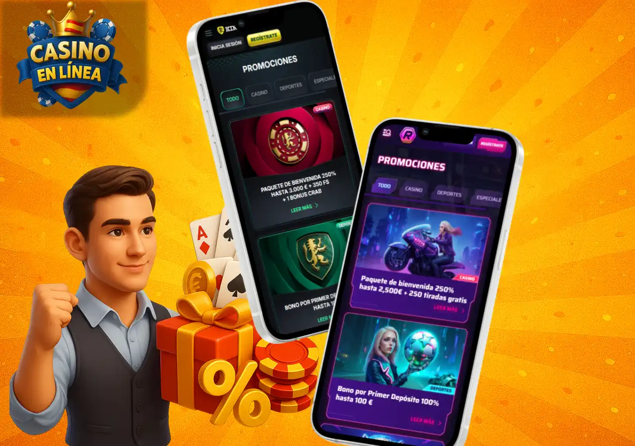 Tipos de bonos en casinos online mostrados en dos teléfonos con promociones destacadas y recompensas