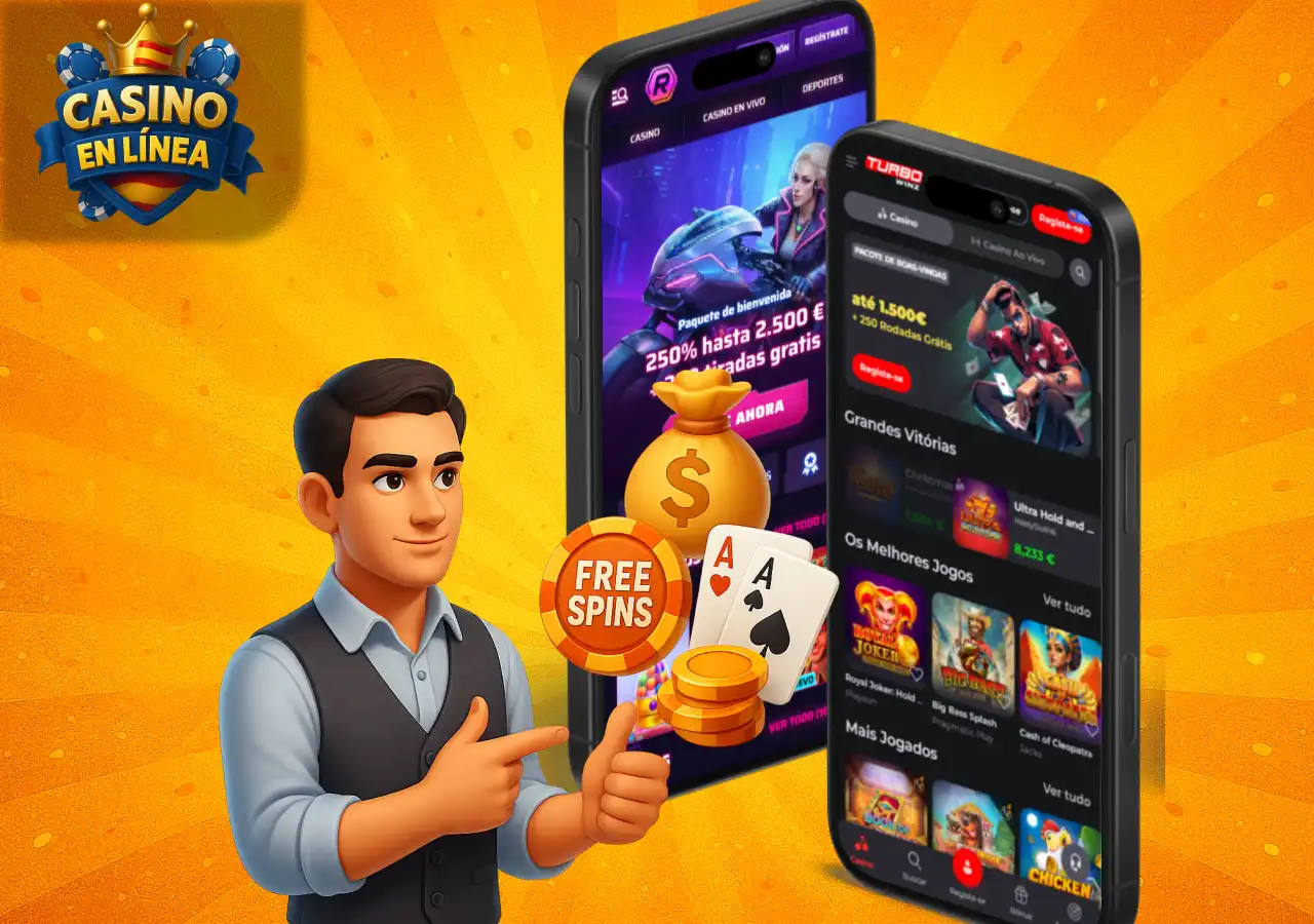 Promoción de giros gratis y recompensas mostrada por un personaje junto a dos aplicaciones de casino