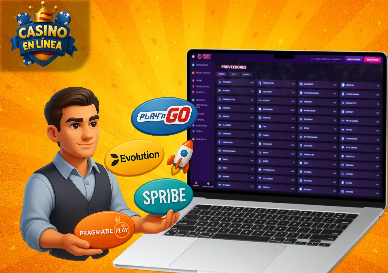 Selección de proveedores de juegos de casino con logotipos conocidos junto a un portátil con catálogo