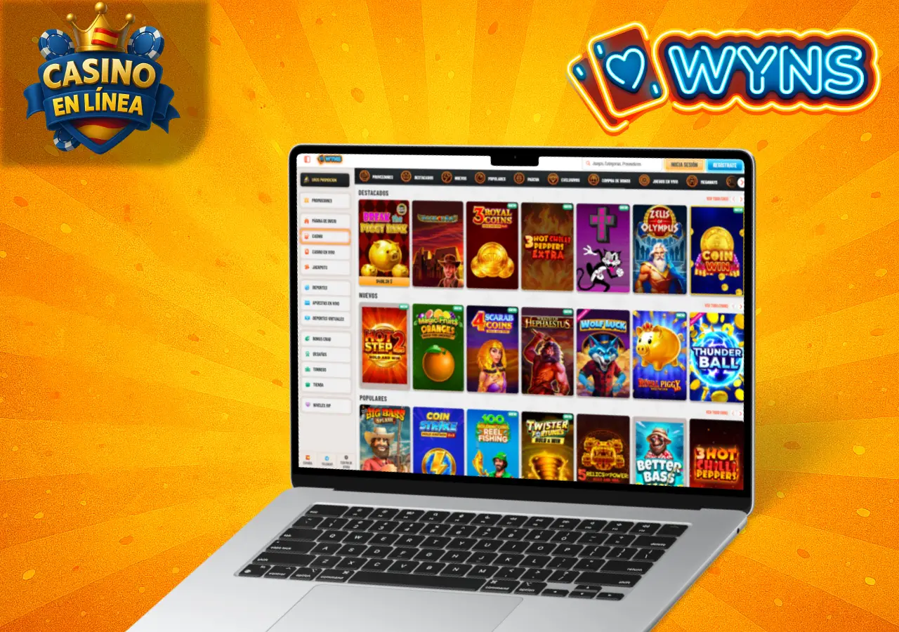 Catálogo de juegos en Wyns Casino con tragamonedas en pantalla de portátil